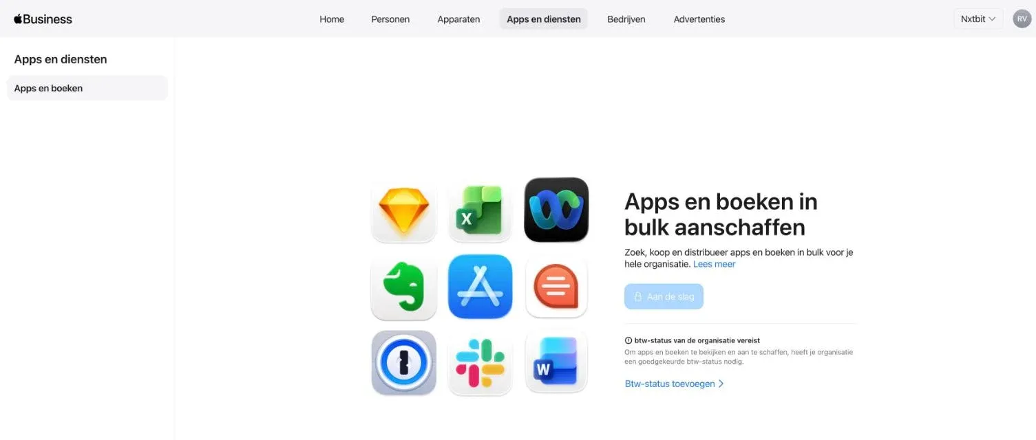 Apple Business, Apps en boeken: de melding dat een goedgekeurde btw-status van de organisatie vereist is