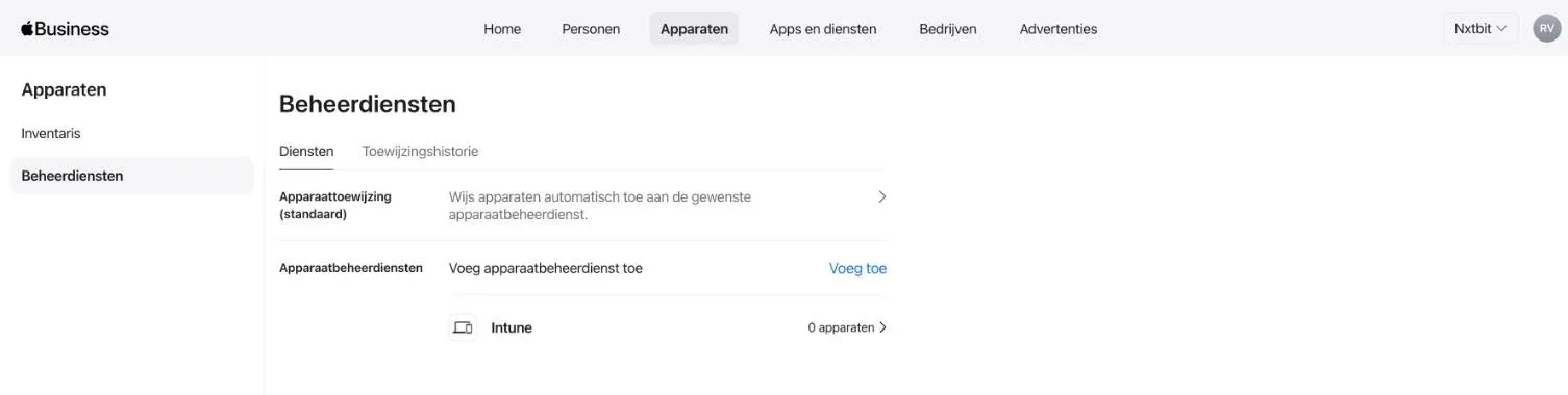Apple Business, Apparaten, Beheerdiensten: Microsoft Intune gekoppeld als apparaatbeheerdienst
