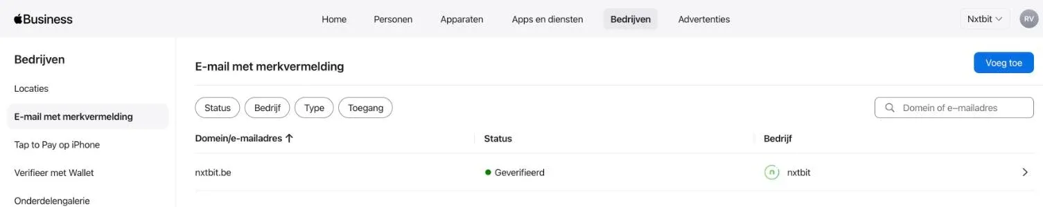 Apple Business, Bedrijven, E-mail met merkvermelding: het domein nxtbit.be is geverifieerd