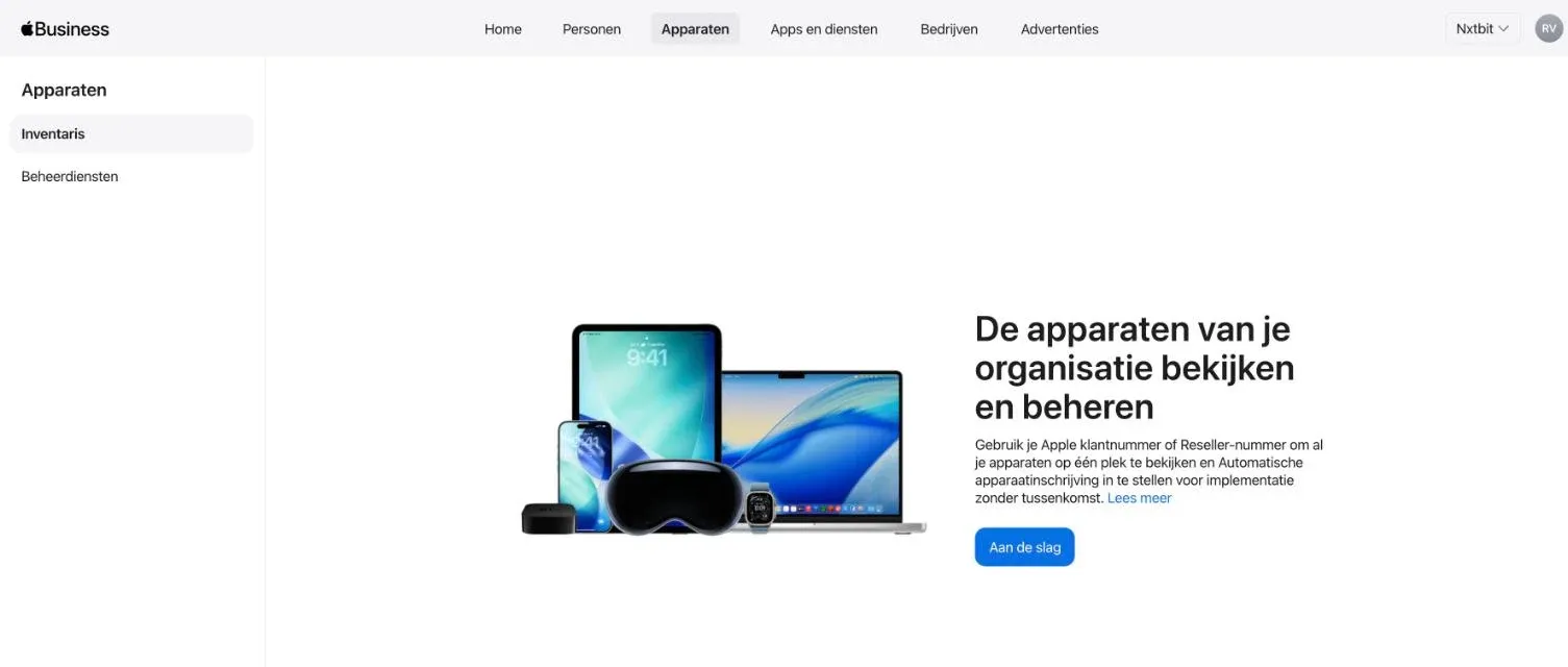 Apple Business, Apparaten, Inventaris: uitleg om met je Apple-klantnummer of resellernummer je toestellen te bekijken en automatische apparaatinschrijving in te stellen