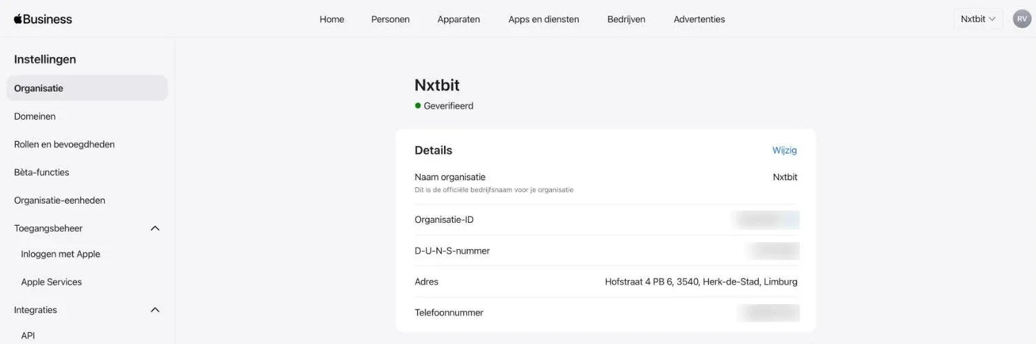 Apple Business, Instellingen, Organisatie: details van de organisatie met het organisatie-ID, onherkenbaar gemaakt