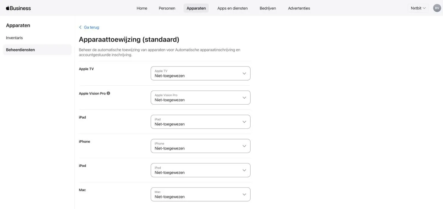 Apple Business, Apparaattoewijzing (standaard): per toesteltype kies je naar welke beheerdienst nieuwe toestellen automatisch gaan