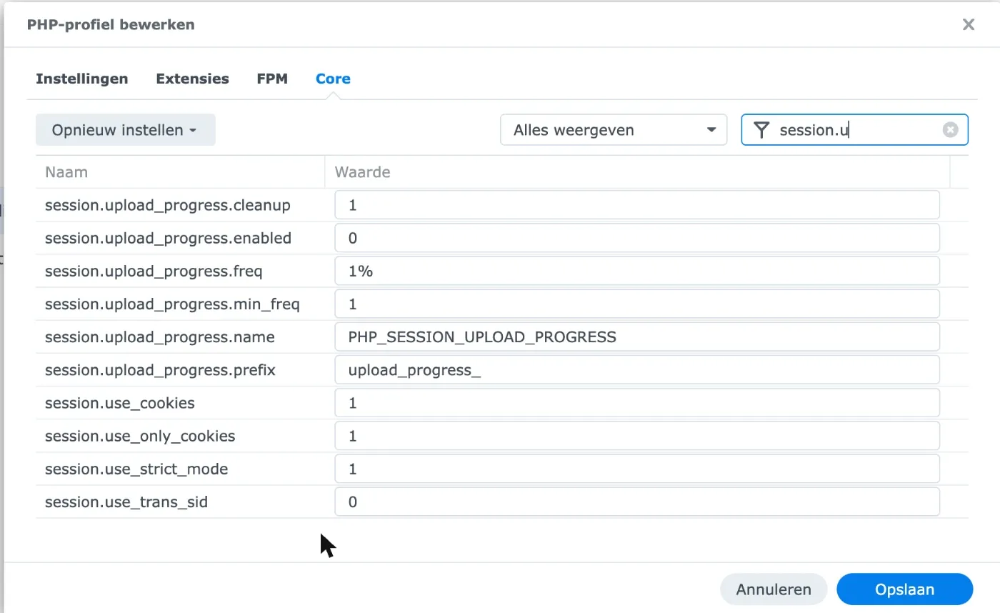 Core tab with session.upload_progress.enabled set to 0 and session.use_cookies, session.use_only_cookies and session.use_strict_mode set to 1