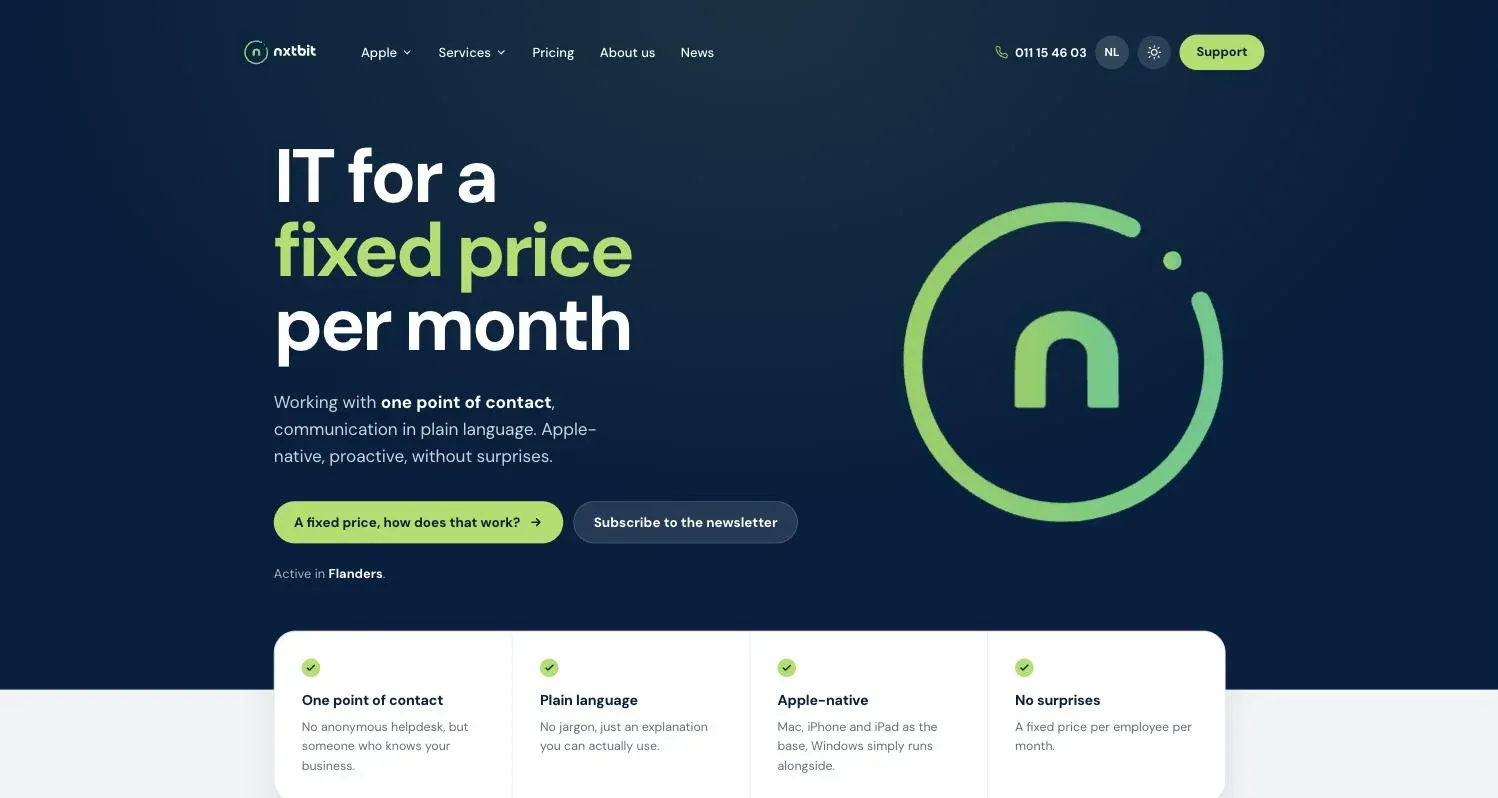 De Engelstalige homepage van nxtbit met de titel IT for a fixed price per month