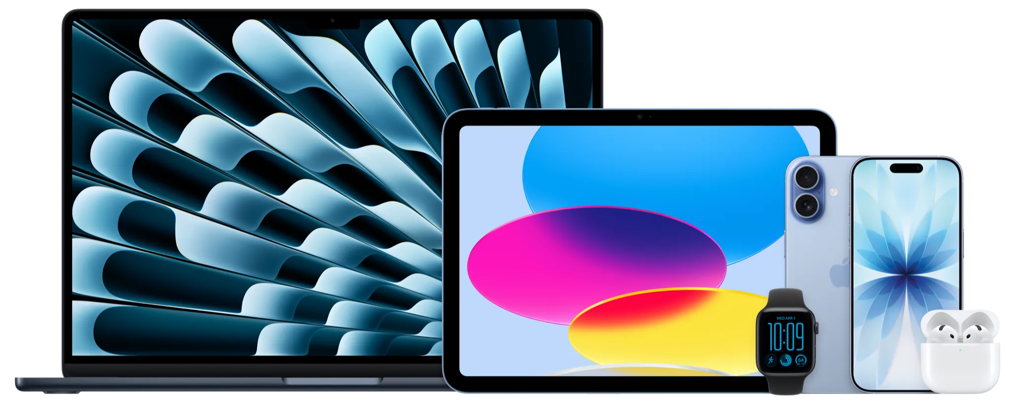 MacBook Air, iPad, Apple Watch, iPhone en AirPods naast elkaar