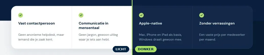 Dezelfde blokken op de homepage, links in het lichte en rechts in het donkere thema