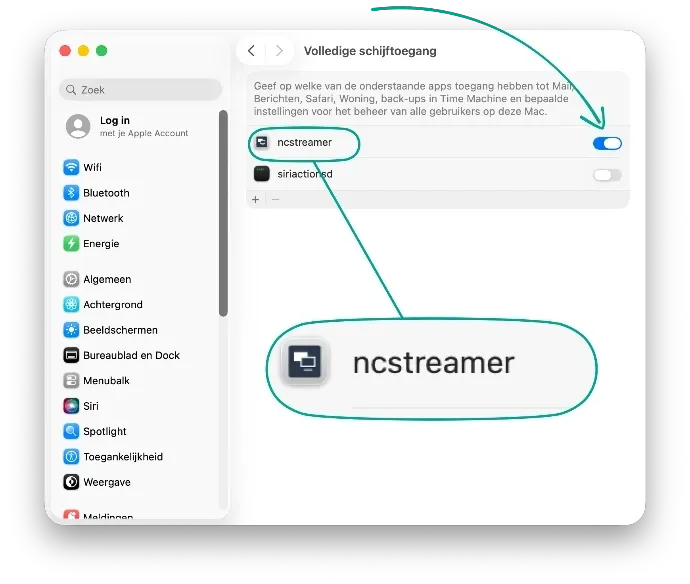 Dutch-language macOS System Settings with the switch next to ncstreamer turned on