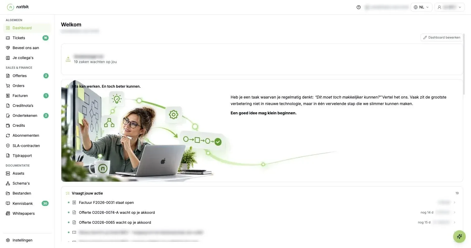 Het dashboard van het klantenportaal met de lijst Vraagt jouw actie