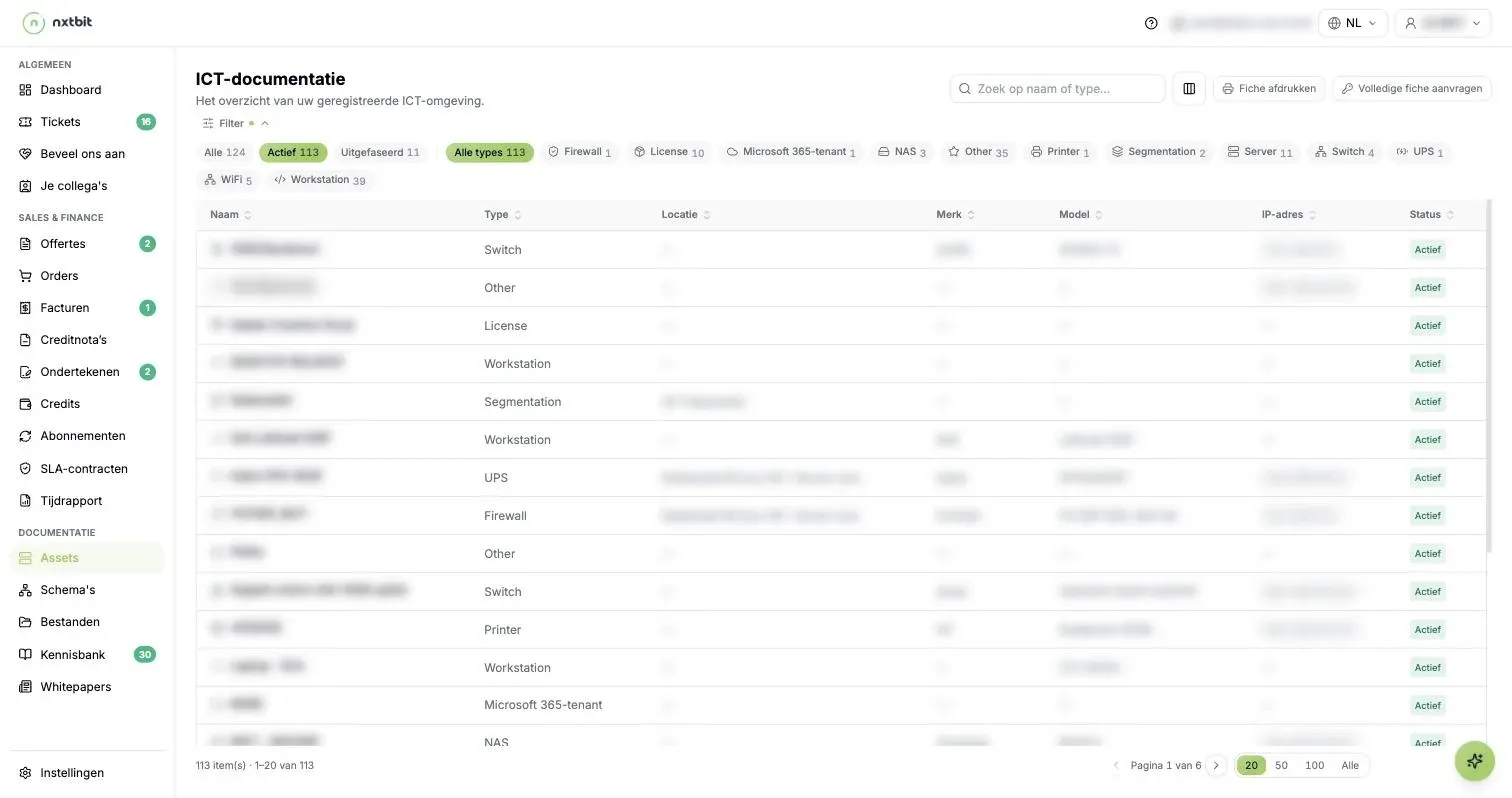 Het overzicht ICT-documentatie in het klantenportaal met filters per type toestel
