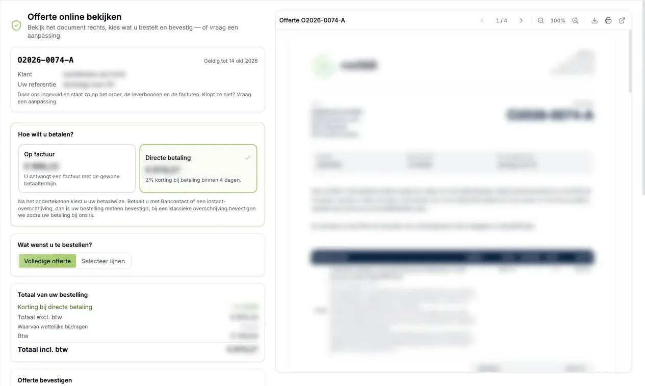 Een offerte online bekijken in het portaal, met de keuze tussen betalen op factuur of directe betaling en het document ernaast