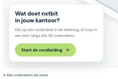 Het blok Wat doet nxtbit in jouw kantoor met de knop Start de rondleiding en de link Alle onderdelen als tekst