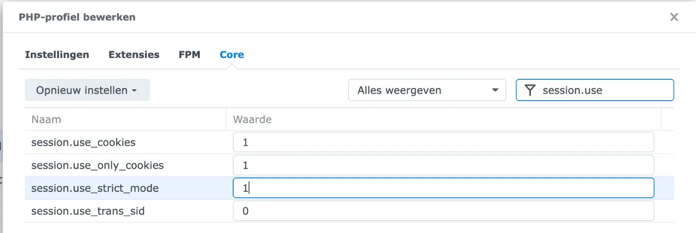 Core tab with session.use_only_cookies and session.use_strict_mode set to 1