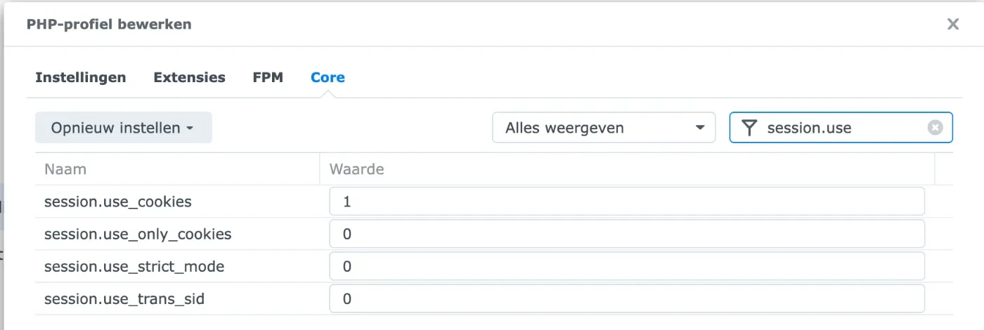 Core tab with session.use_only_cookies and session.use_strict_mode set to 0