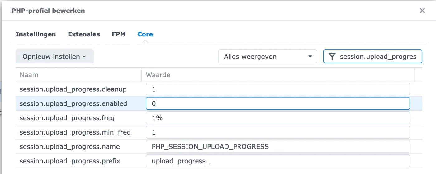 Core tab with session.upload_progress.enabled set to 0