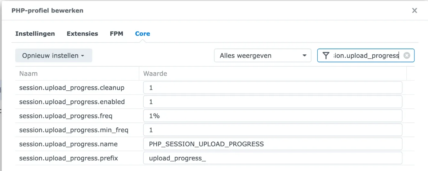 Core tab with session.upload_progress.enabled set to 1