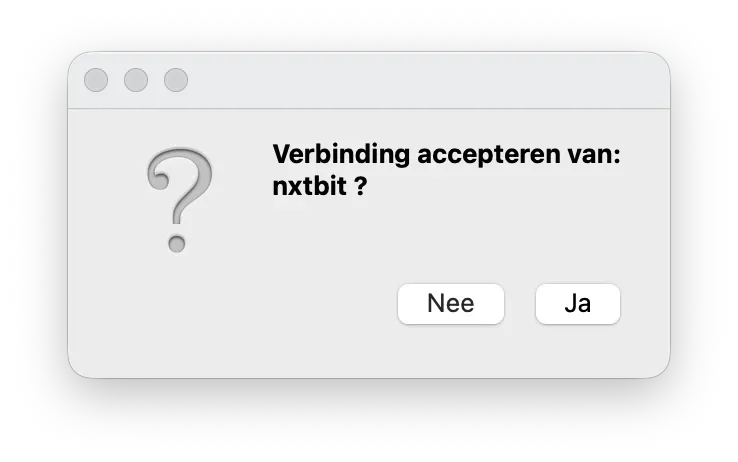 Dutch-language window asking whether to accept the connection from nxtbit, with the buttons Nee (No) and Ja (Yes)