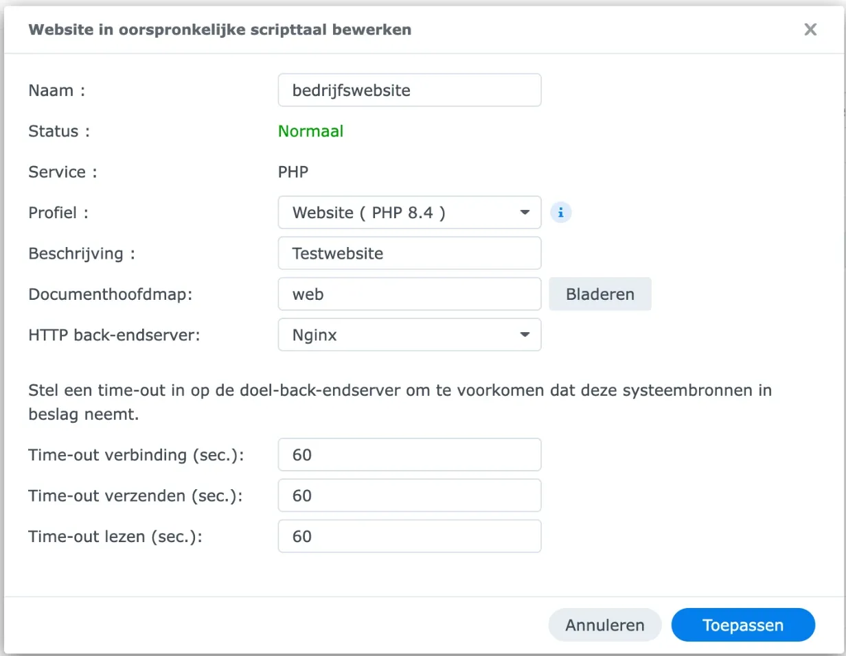 The window for editing a website in Web Service, in Dutch, with the changed PHP profile selected under Profile