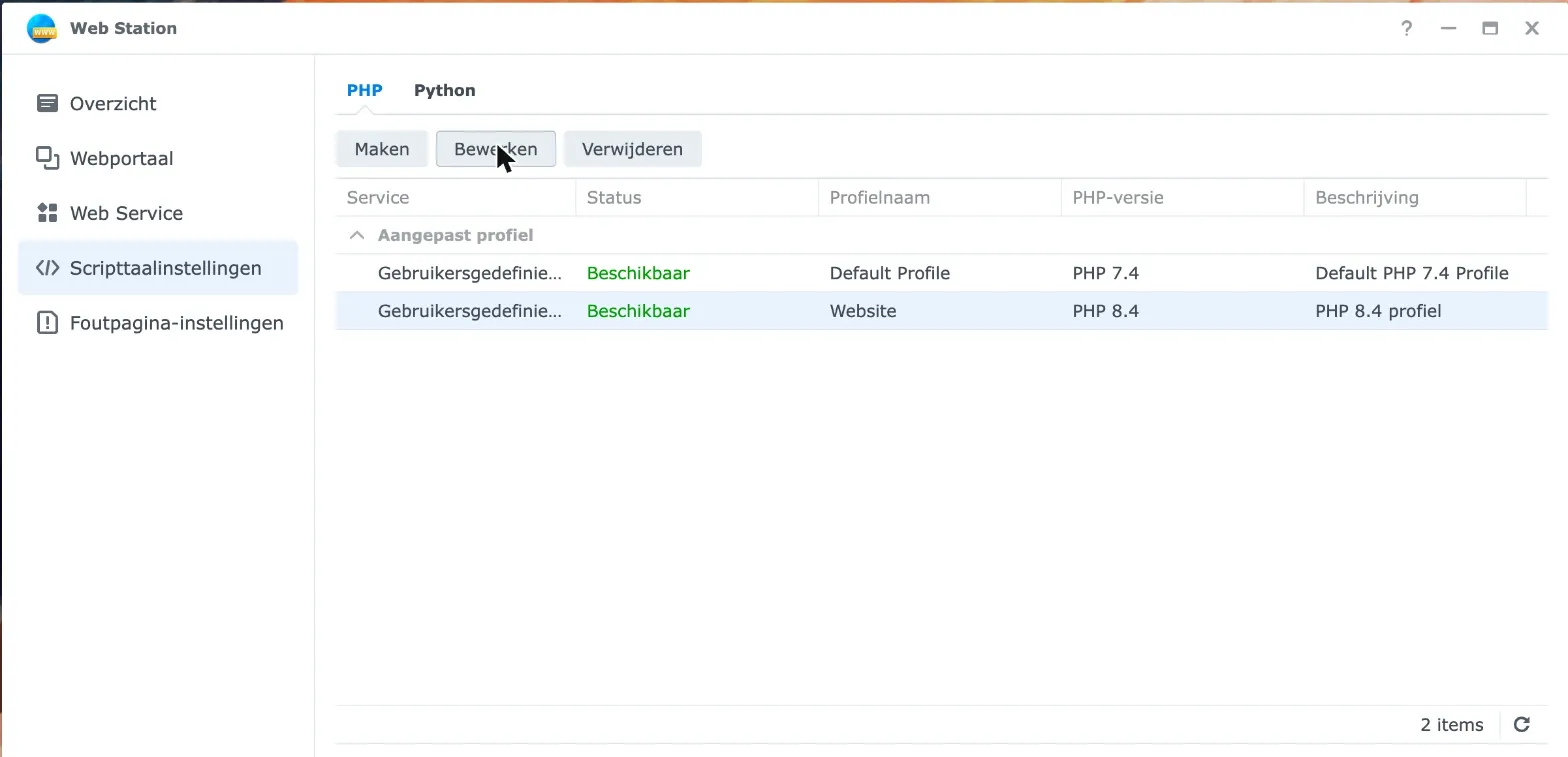 Web Station, Script Language Settings, in Dutch: the list of PHP profiles and the Edit button
