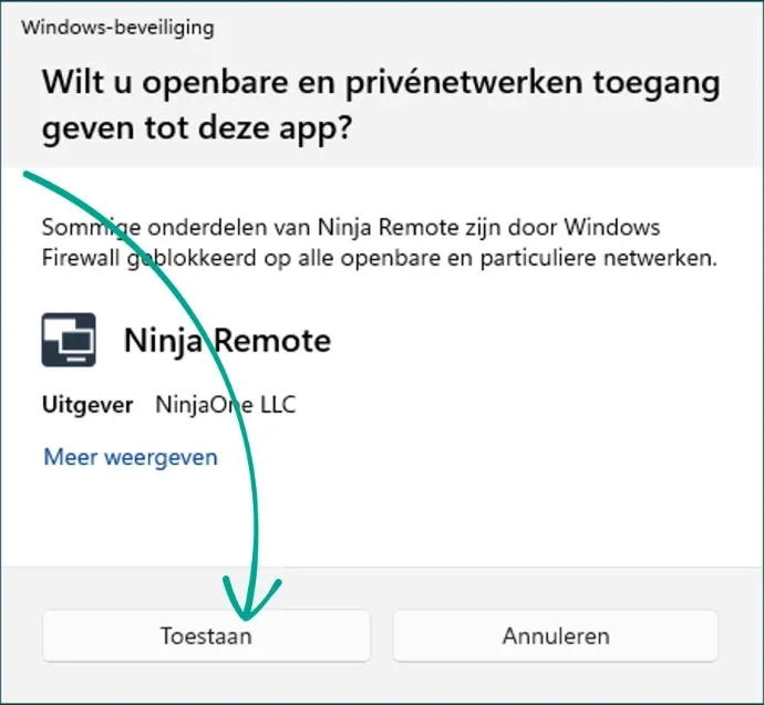 Dutch-language Windows Security window with the Allow button (Toestaan)
